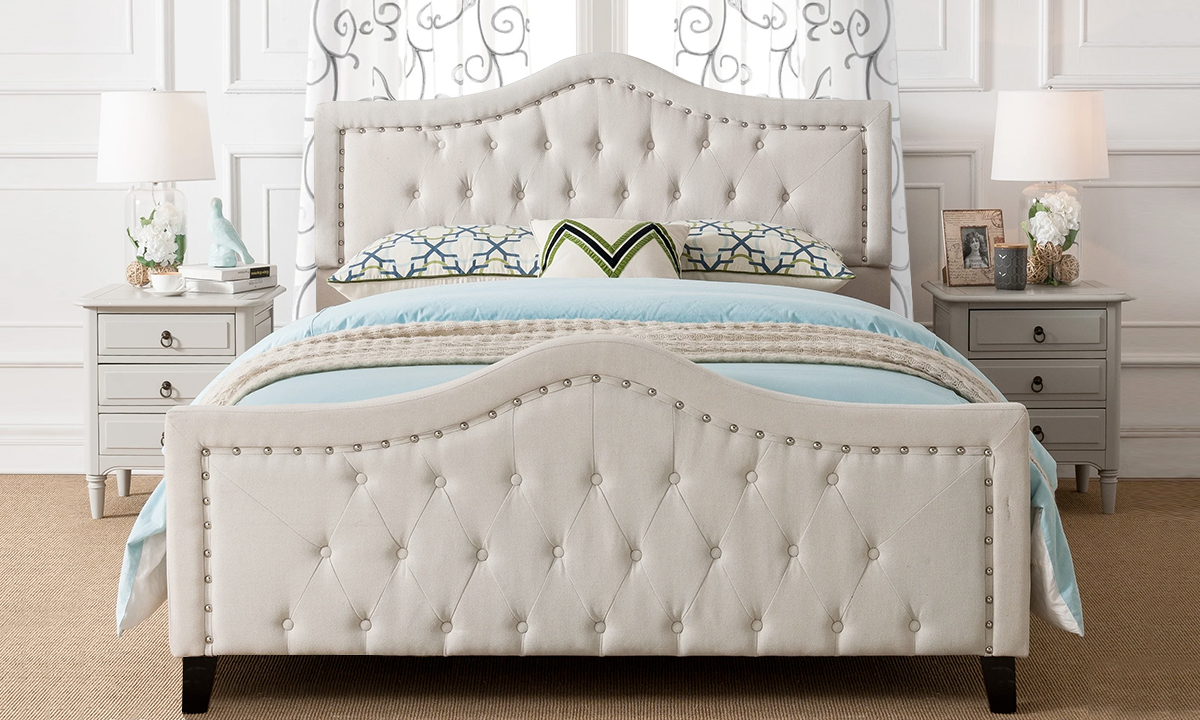 Livi Upholstered Bed Frame and Headboard Set Medium Bed Frame and Headboard Set with Mattress Ivory
