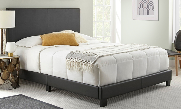 Sleep Sync Zander Padded Upholstered Leather Platform Bed King Bed with Mattress Grey
