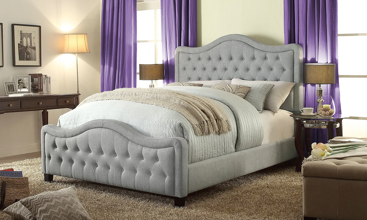 Adella Linen Grey Waved Top Upholstery Bed King with Mattress Grey