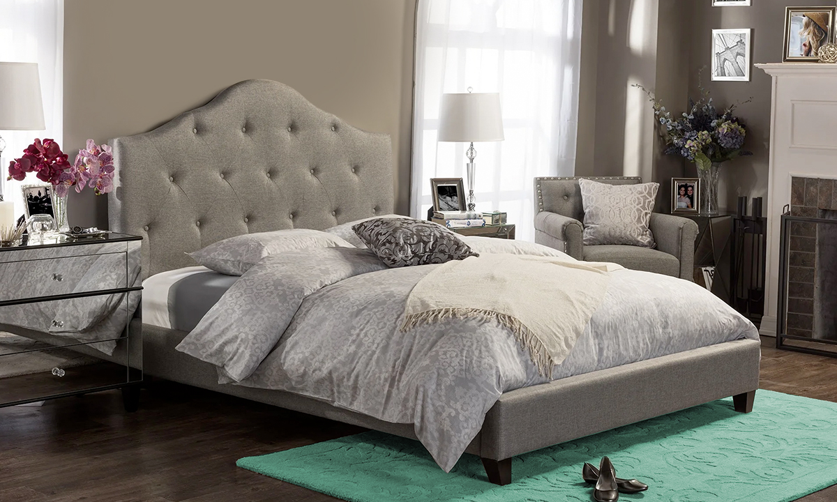 Anica Scalloped Grey Fabric Modern Platform Bed Queen Grey