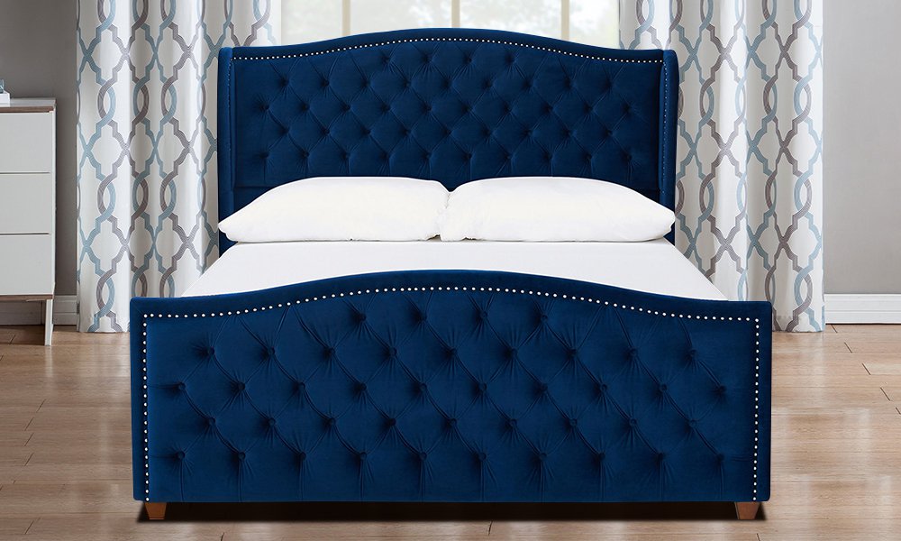 Navy Blue Velvet Hand-Tufted Upholstered Bed King Bed Navy blue