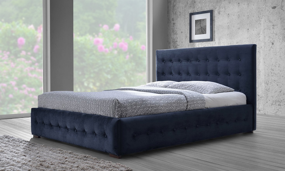 Modern and Contemporary Navy Blue Velvet Fabric Button-tufted Platform Bed Queen Bed with Mattress Grey
