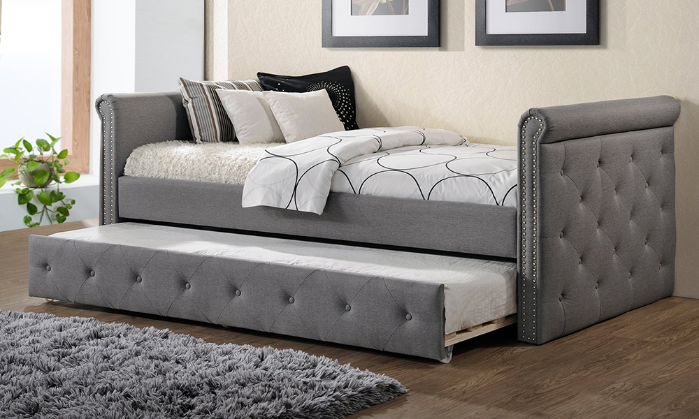 Modern and Contemporary Beige Fabric Tufted Twin Size Daybed with Roll-out Trundle Guest Bed Day Bed with Mattress Grey