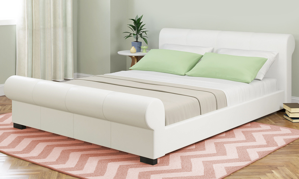 Scrolled Leatherette Platform Bed Super King White
