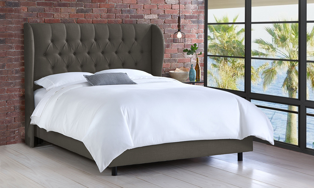 Tufted Linen Upholstered Wingback Bed King Bed Dark Grey