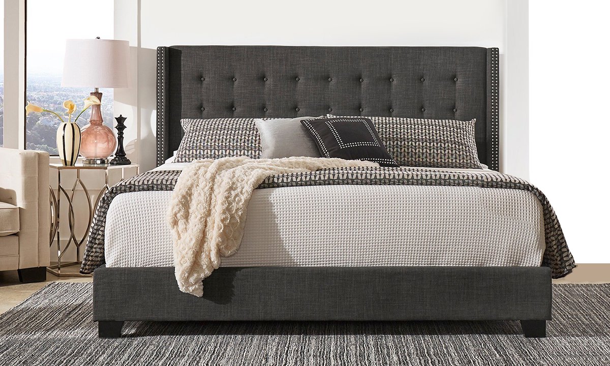 Melina Tufted Linen Wingback Bed Super King Bed with Mattress Grey