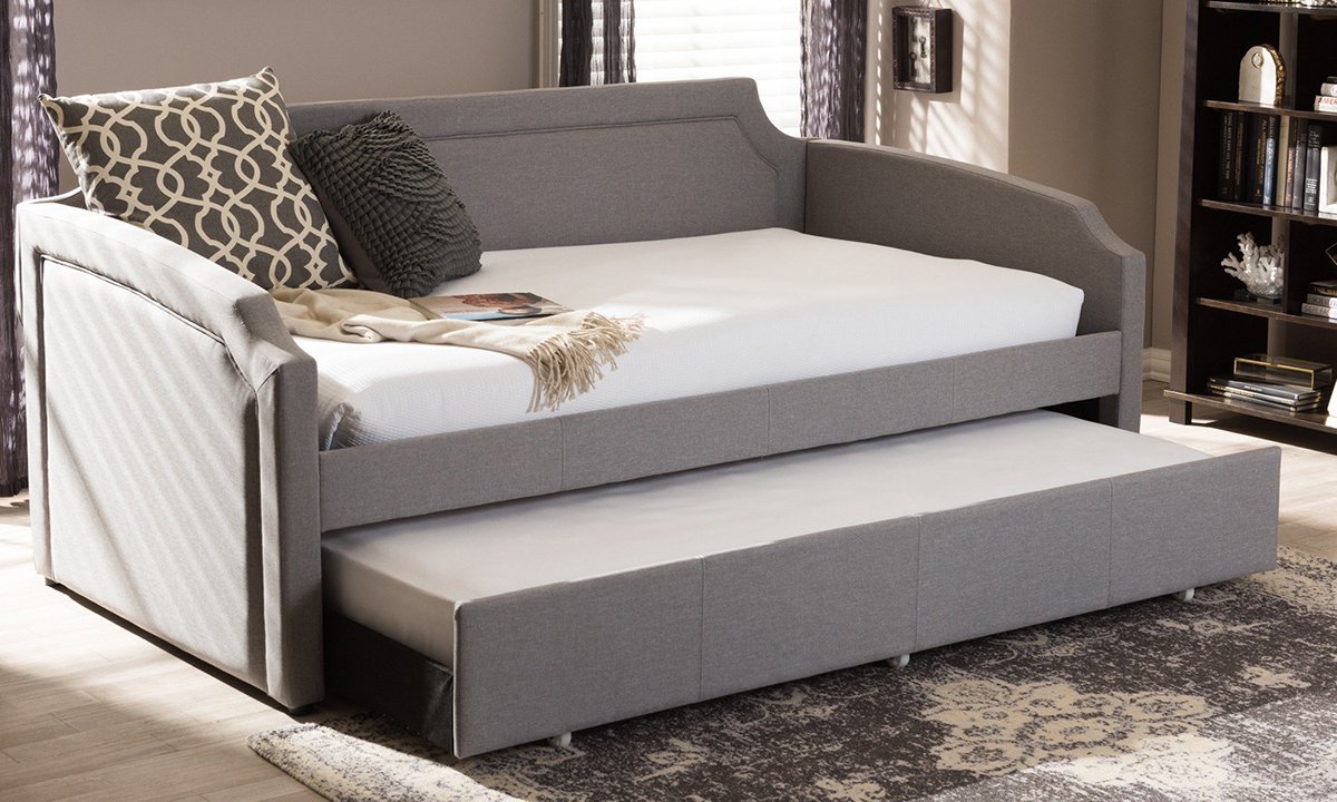 Paraskeve Modern and Contemporary Fabric Curved Notched Corners Sofa Twin Daybed Daybed with trundle Grey