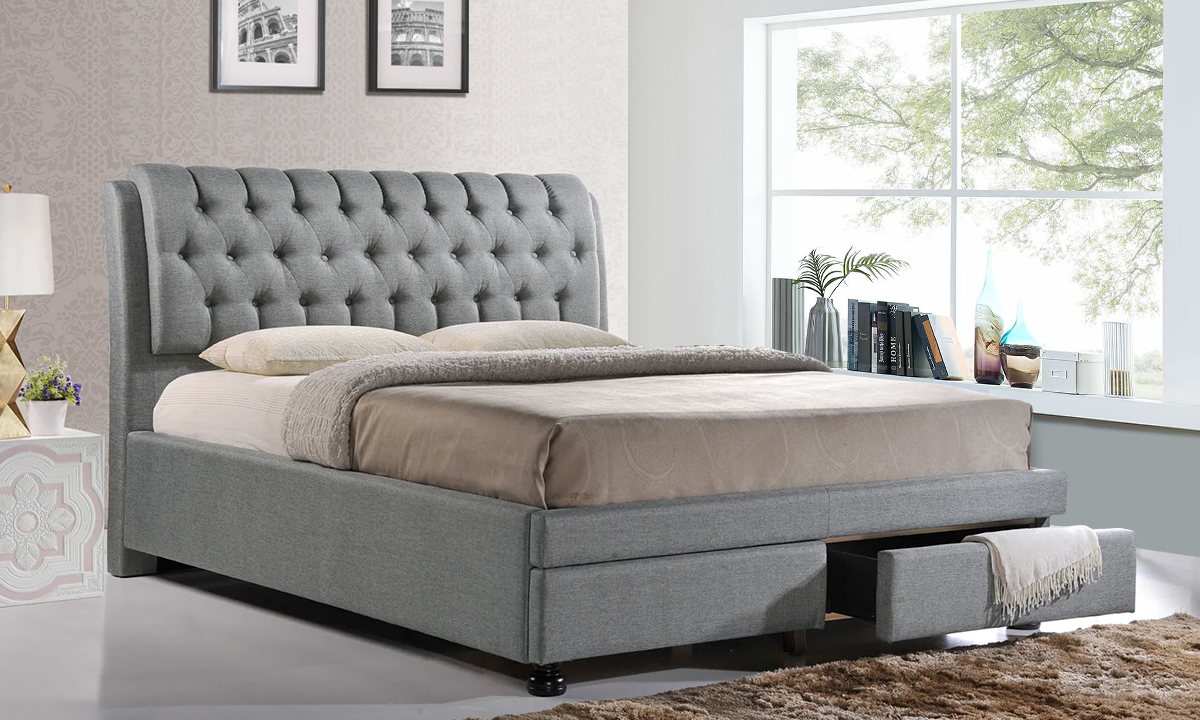 Ainge Button-Tufted Fabric Platform Bed w/2-Drawer Storage King Grey