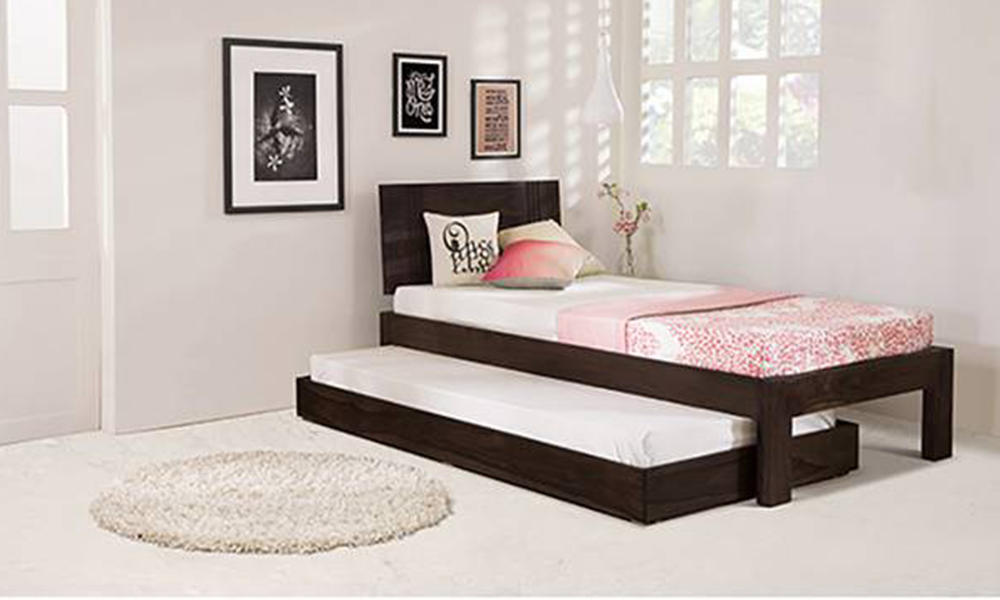 Wooden Single Trundle Bed Single Bed with Mattress Mahogany