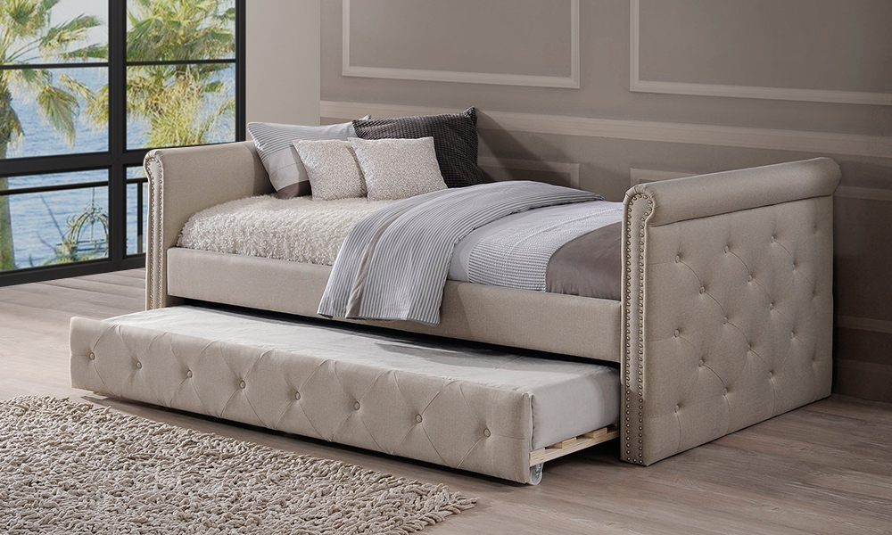 Modern and Contemporary Beige Fabric Tufted Twin Size Daybed with Roll-out Trundle Guest Bed Day Bed with Mattress Grey