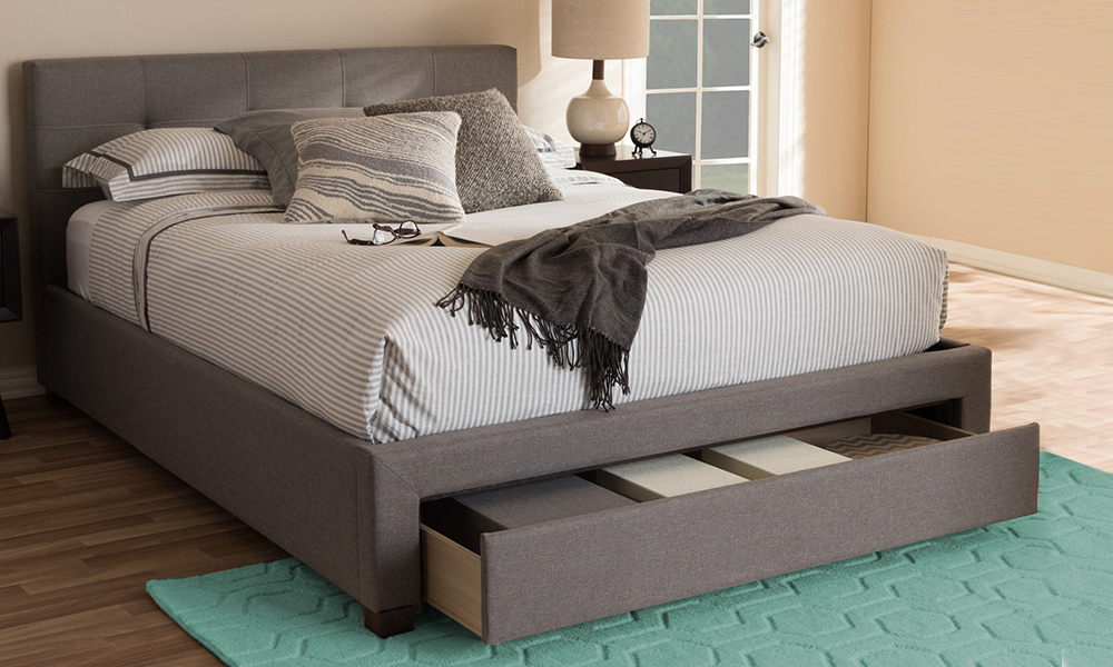 Contemporary Fabric Storage Platform Bed King Bed without Mattress Beige