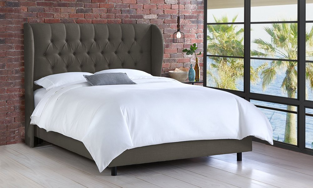 Tufted Linen Upholstered Wingback Bed King Bed with Mattress Dark Grey