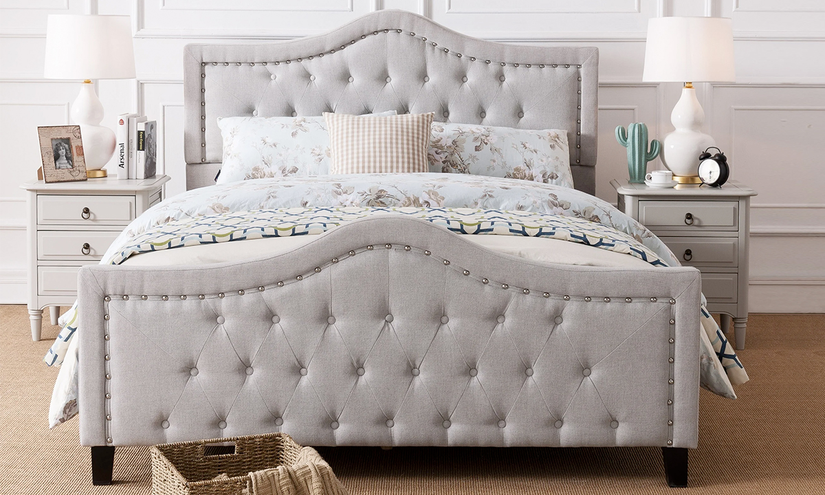 Livi Upholstered Bed Frame and Headboard Set Medium Bed Frame and Headboard Set with Mattress Grey