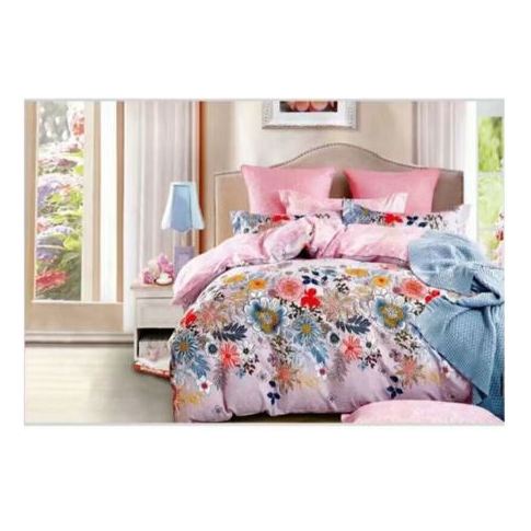 Buy Comforter Set 4pcs Pink Blue Printed Flat Sheet 270x280cm