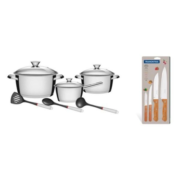 Tramontina 9pcs Cookware Set Silver + 4pcs Knives Set Tramontina 9pcs Cookware Set Silver + 4pcs Knives Set