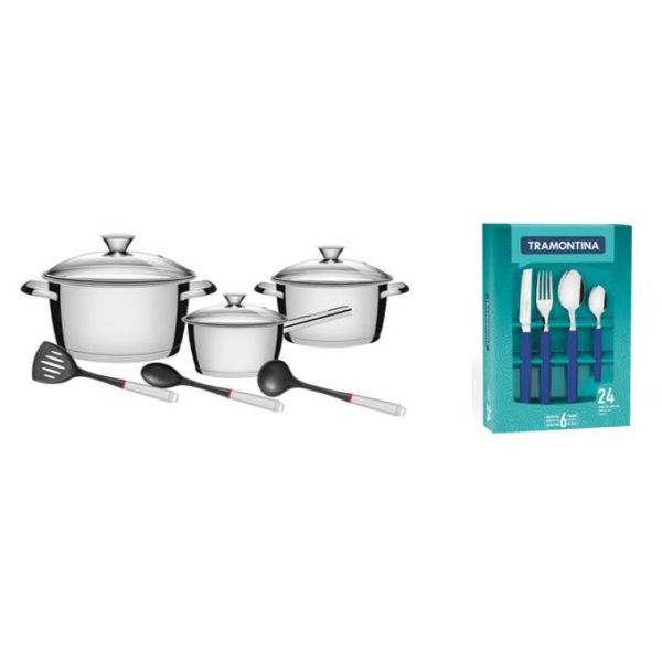 Tramontina 9pcs Cookware Set Silver + 24 Tableware Set Tramontina 9pcs Cookware Set Silver + 24 Tableware Set
