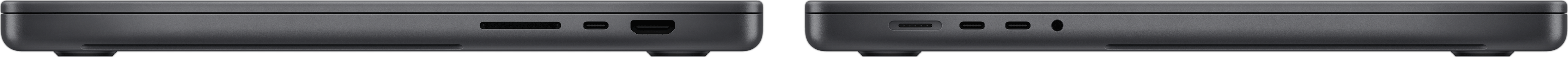 عرض جانبي لجهاز MacBook Pro يبين فتحة بطاقة SDXC‏، وثلاثة من منافذ ثندربولت 4، ومنفذ HDMI، ومنفذ MagSafe 3 للشحن، ومقبس لسماعات الرأس.