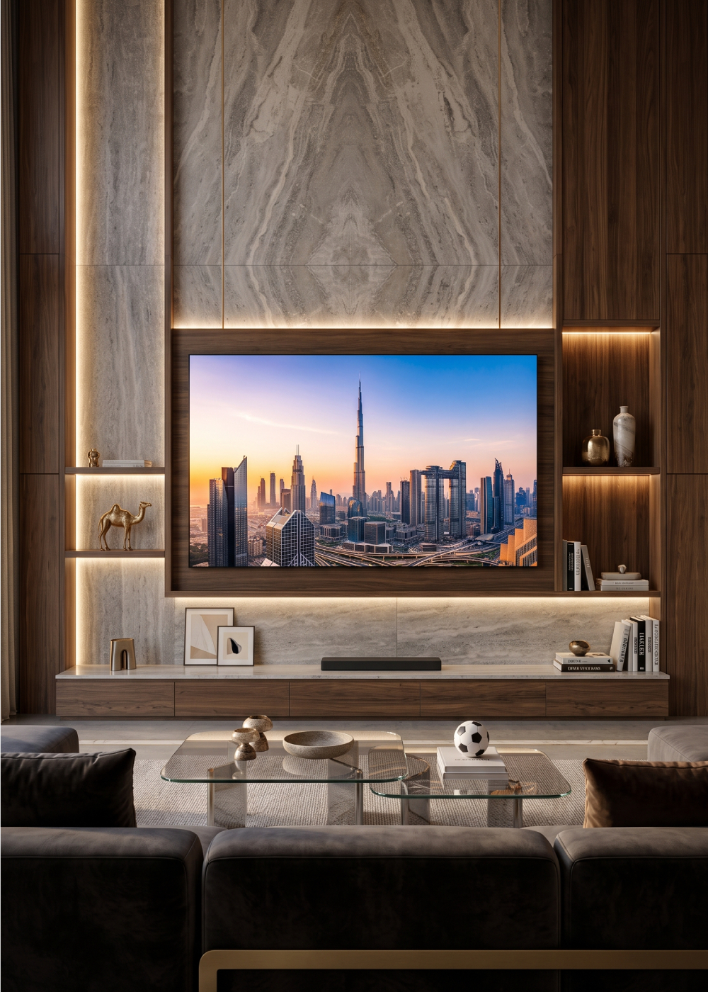 65-inch television mounted above a media unit in a modern living room